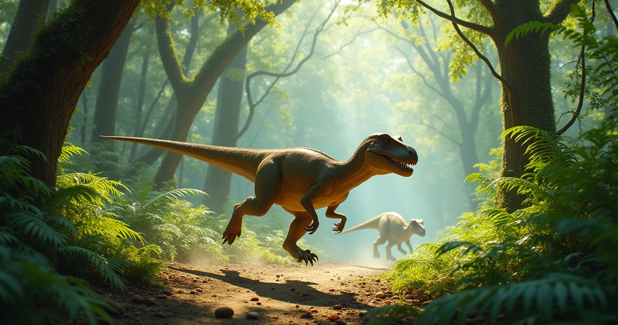 Dinossauro Celófise correndo em uma floresta densa do Triássico, cercado por vegetação verde e sombras sutis.