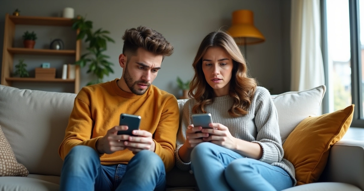 Pareja revisando sus teléfonos con gestos de incomodidad 