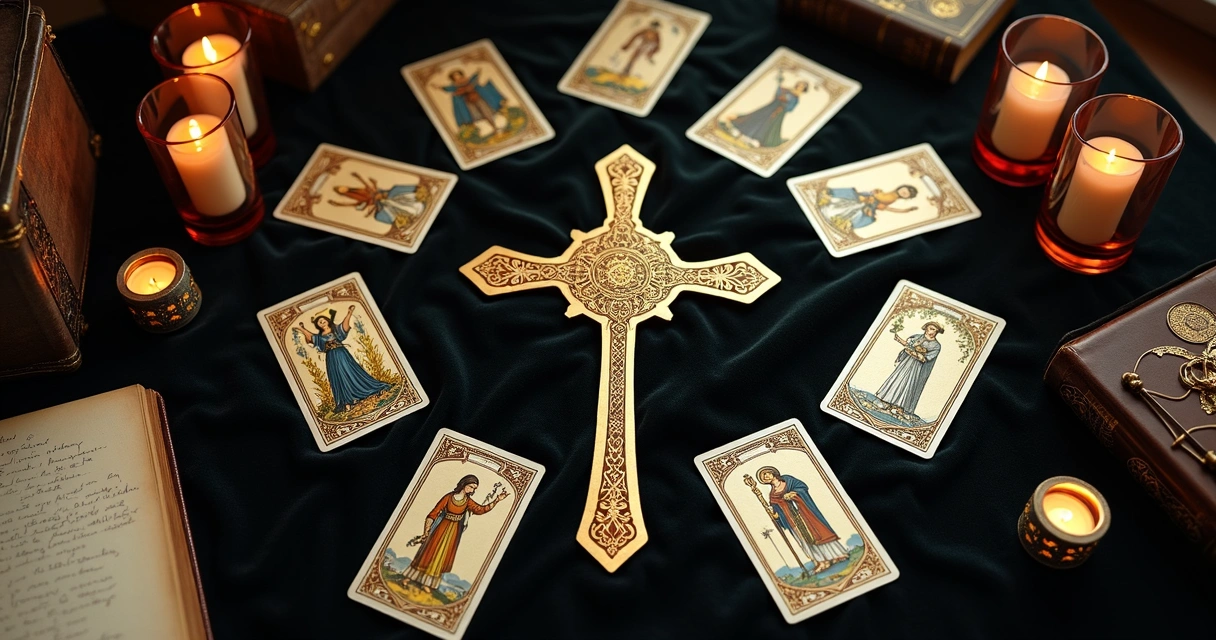 Celtic cross tarot layout with ten cards arranged on table 