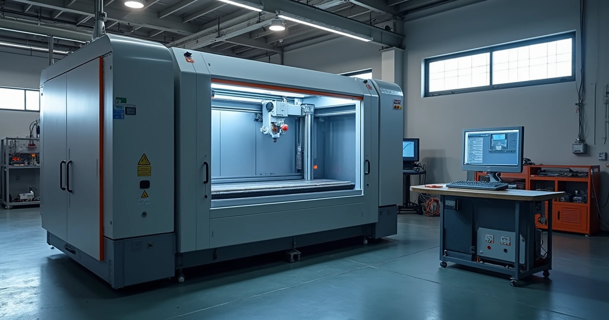 Célula robotizada de corte a laser enclausurada, com robô, fechamentos em aço, câmeras e monitores visíveis