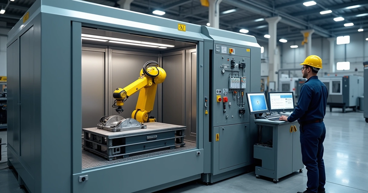 Célula robotizada de corte a laser enclausurada com operador em painel de controle 