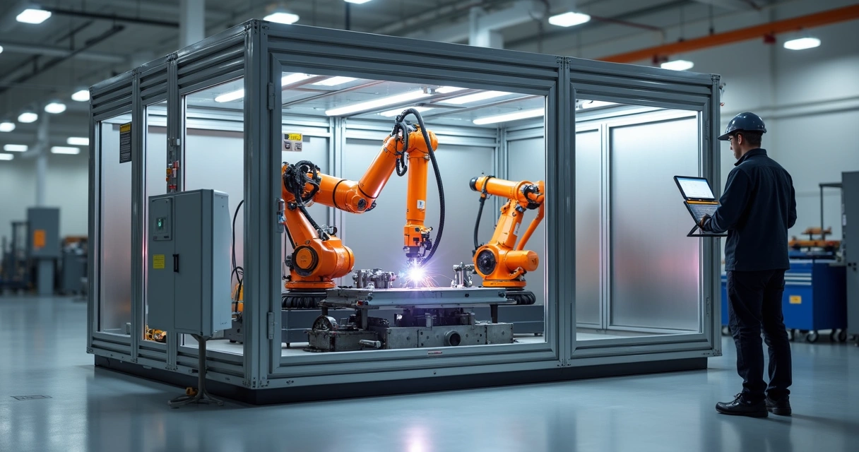 Célula robotizada de solda com enclausuramento e dispositivos de segurança NR12 