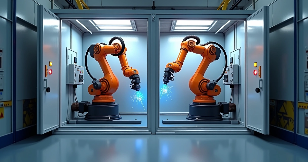 Vista interna de células robotizadas de solda industrial