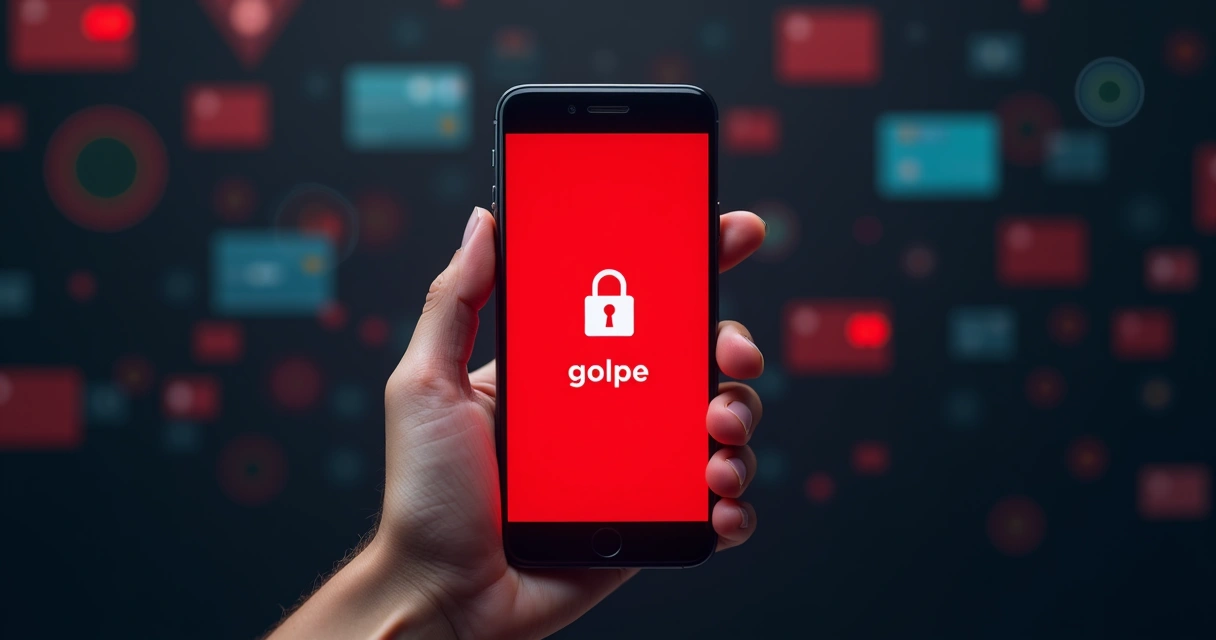 Tela de celular exibindo alerta de golpe com fundo escuro e dedos prestes a tocar a tela. 
