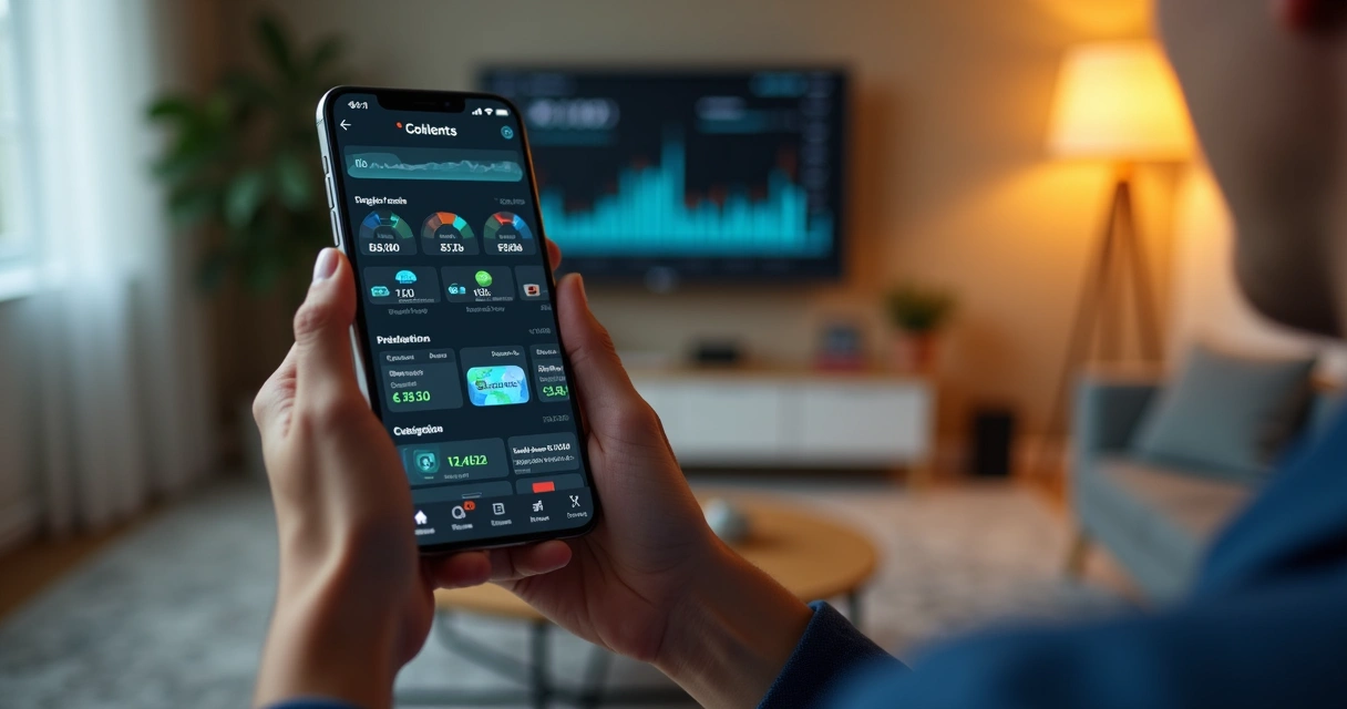 Pessoa usando aplicativo de mercado preditivo no celular em uma sala iluminada