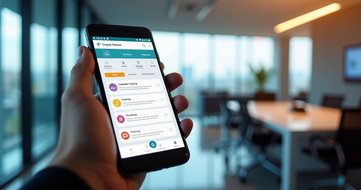 Mão segurando um celular mostrando app de educação para empresas