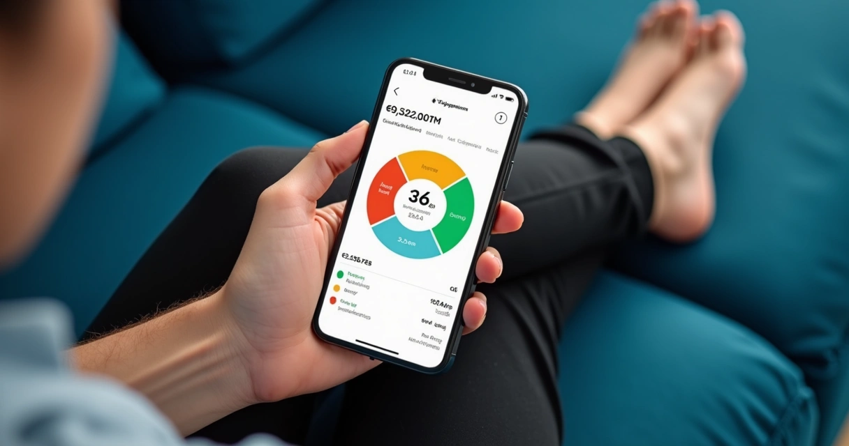 Pessoa segurando smartphone com gráfico de pizza colorido de despesas por categoria na tela 