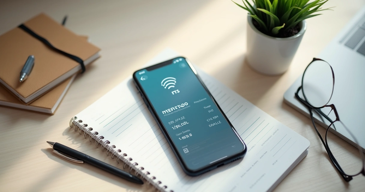 Celular mostrando aplicativo do FGTS com extrato digital na tela, sobre uma mesa clara com objetos de escritório ao redor 