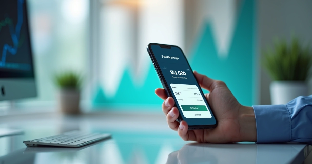 Smartphone mostrando tela de pagamento PIX parcelado com gráficos financeiros ao fundo 