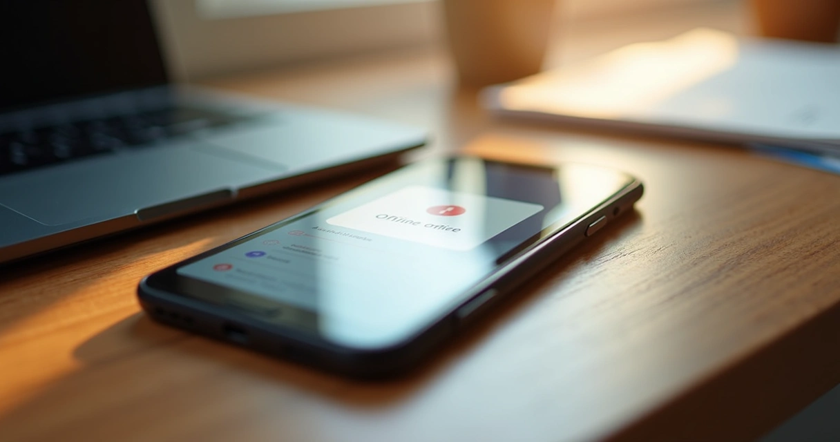 Celular exibindo mensagem de banco digital fora do ar com fundo de mesa e teclado 