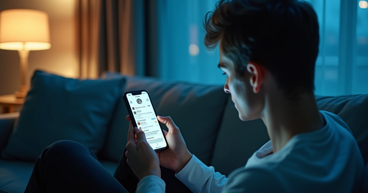 Pessoa olhando celular diante de espelho com telas flutuantes 