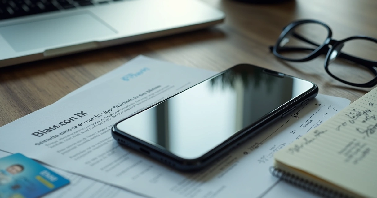 Celular com aviso de conta bloqueada e documentos ao lado 