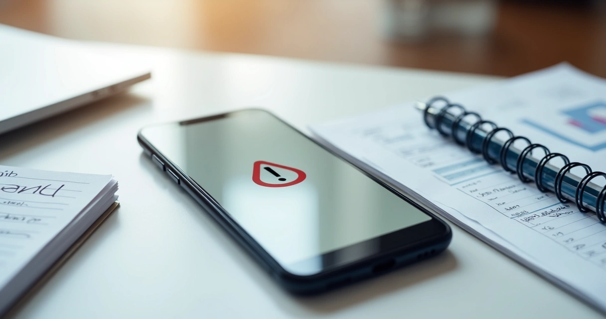 Celular mostrando aviso de conta bloqueada sobre uma mesa com documentos 
