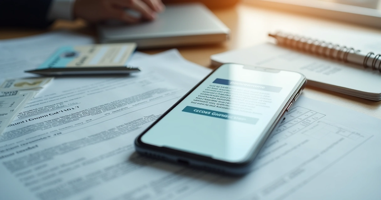 Tela de celular com aviso de conta suspensa e documentos sobre a mesa