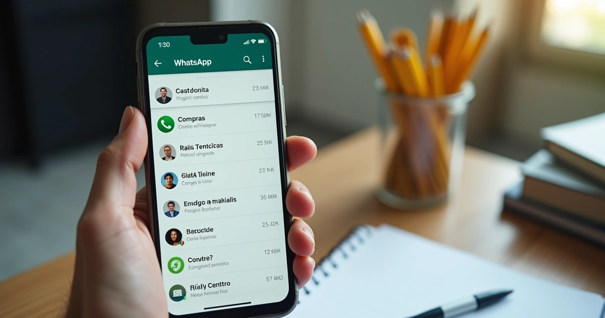 Listas Segmentadas no WhatsApp: Integração Firmográfica Fácil 7 Tela de celular exibindo lista segmentada de contatos empresariais no WhatsApp