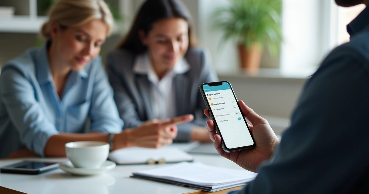 Uso do CRM em celular em mesa de vendas pequena 