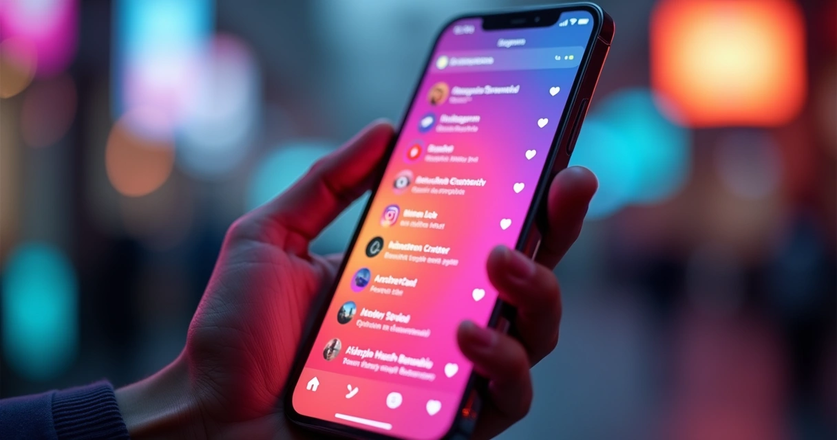 Pessoa segurando um celular mostrando o feed do Instagram cheio de curtidas 