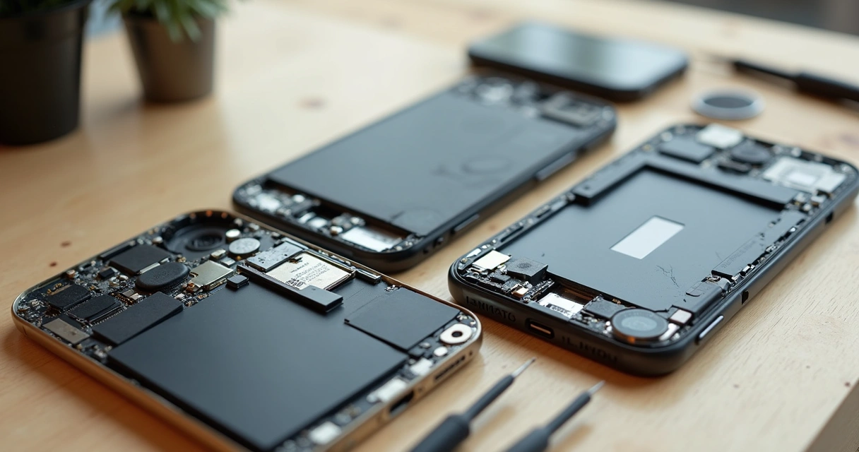 Celular desmontado com peças separadas sobre bancada clara 