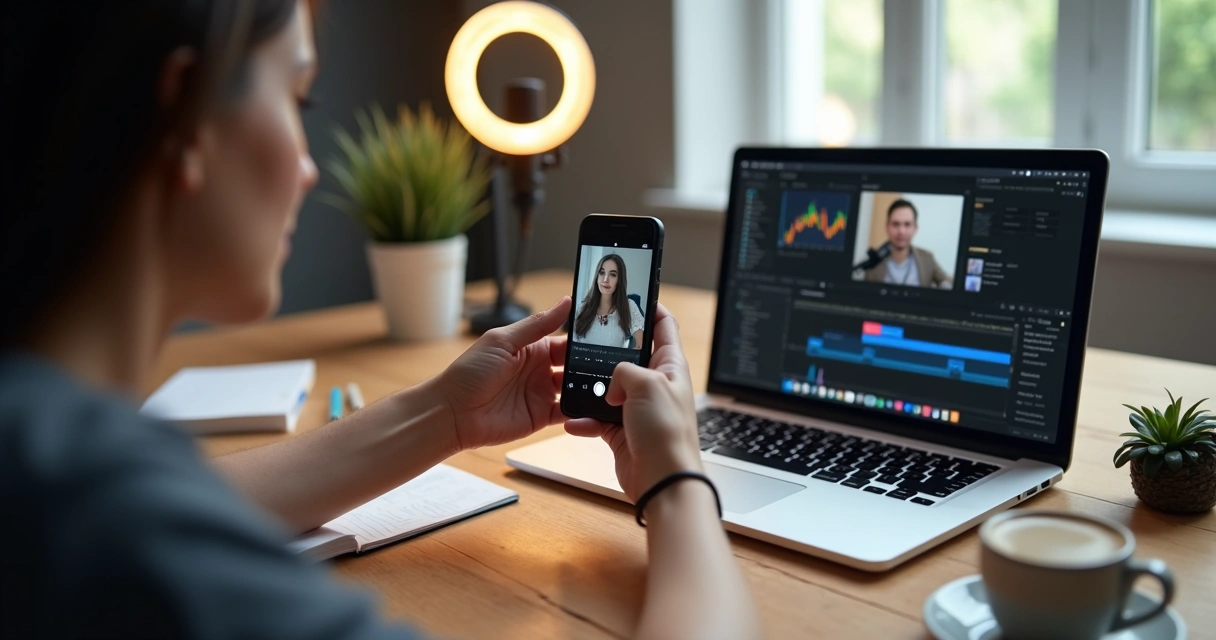 Workspace with smartphone, microphone, and hands of a person editing without showing their face.