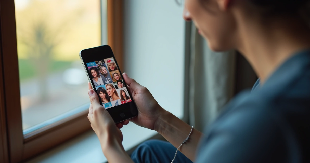 Mão segurando celular com rostos e símbolos sociais na tela 
