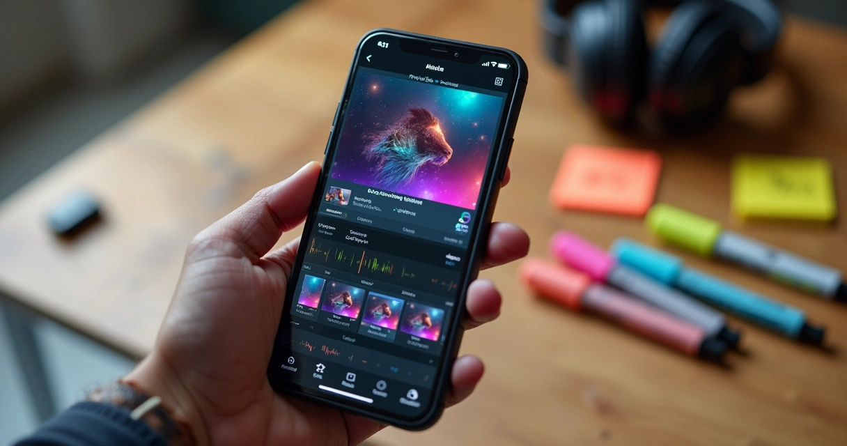 Mão segurando um smartphone exibindo app de edição de vídeo com cortes e legendas 