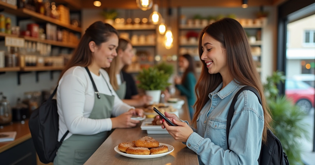 Pessoa escaneando QR Code com celular no balcão 