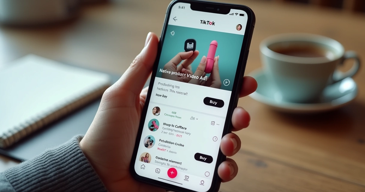 Feed do TikTok Shop com vídeo nativo e botão de compra em destaque 