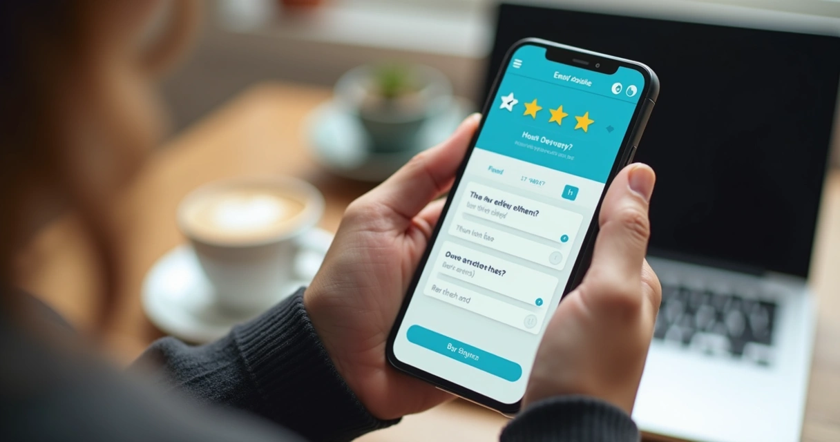 Mão segurando celular com uma pesquisa de feedback aberta na tela 