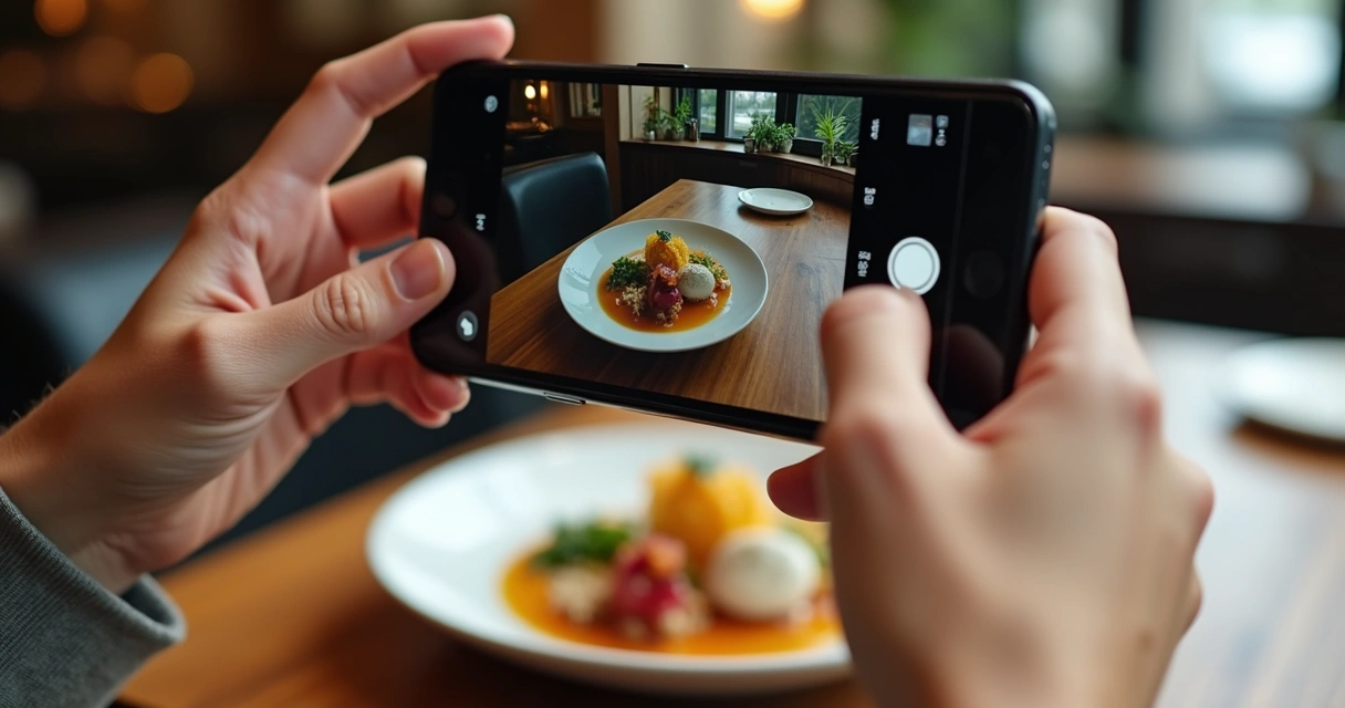 Foto de prato de restaurante sendo tirada com celular 