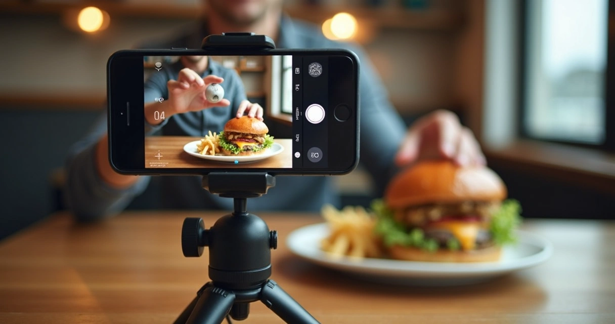 Celular em tripé fotografando hambúrguer montado na mesa 