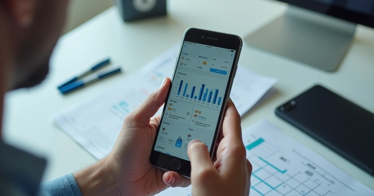 Pessoa usando celular com tela exibindo painel de gerenciamento de dados