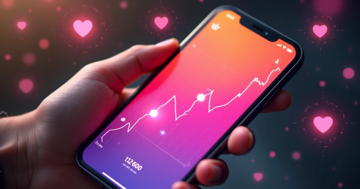 Gráfico colorido em tela de celular mostrando aumento de visualizações em um post de Instagram 