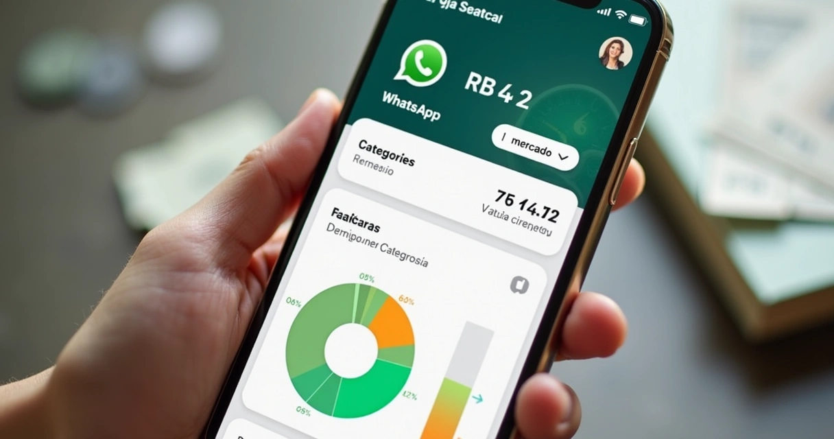 Tela de celular com chat e gráficos financeiros 