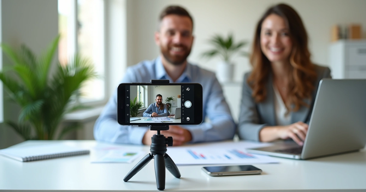 Celular em tripé gravando vídeo horizontal de contador em escritório