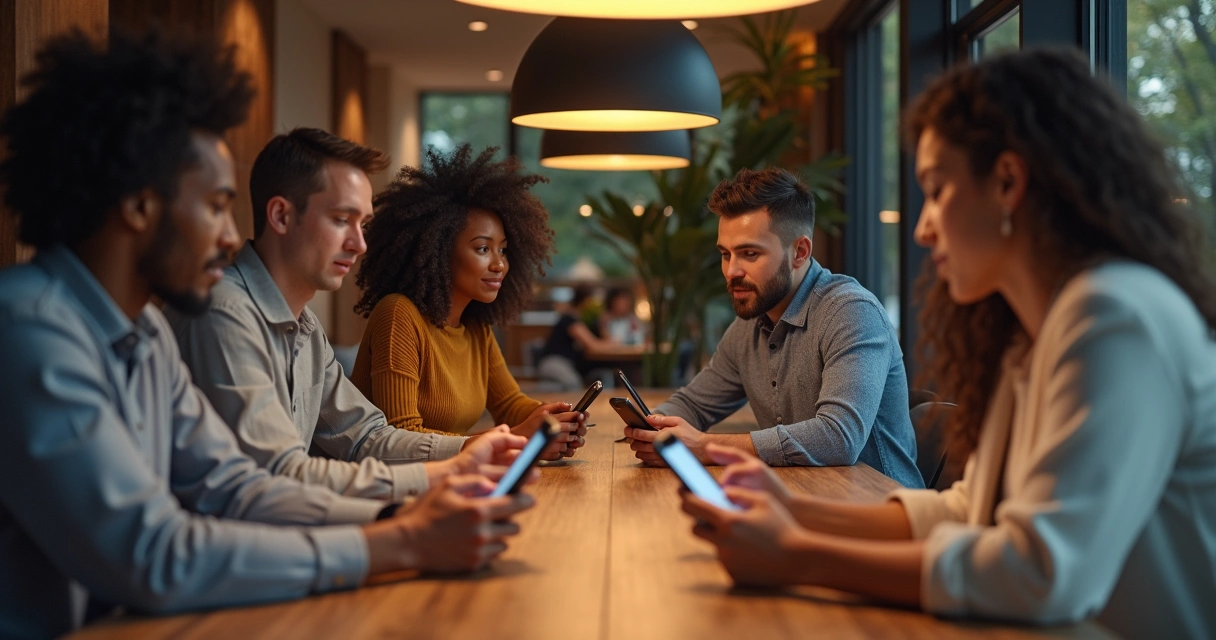 Grupo de pessoas olhando celulares juntos em ambiente interno