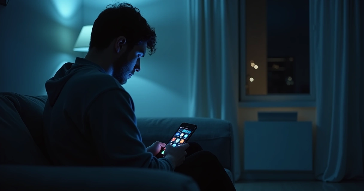 Pessoa olhando celular sozinha à noite