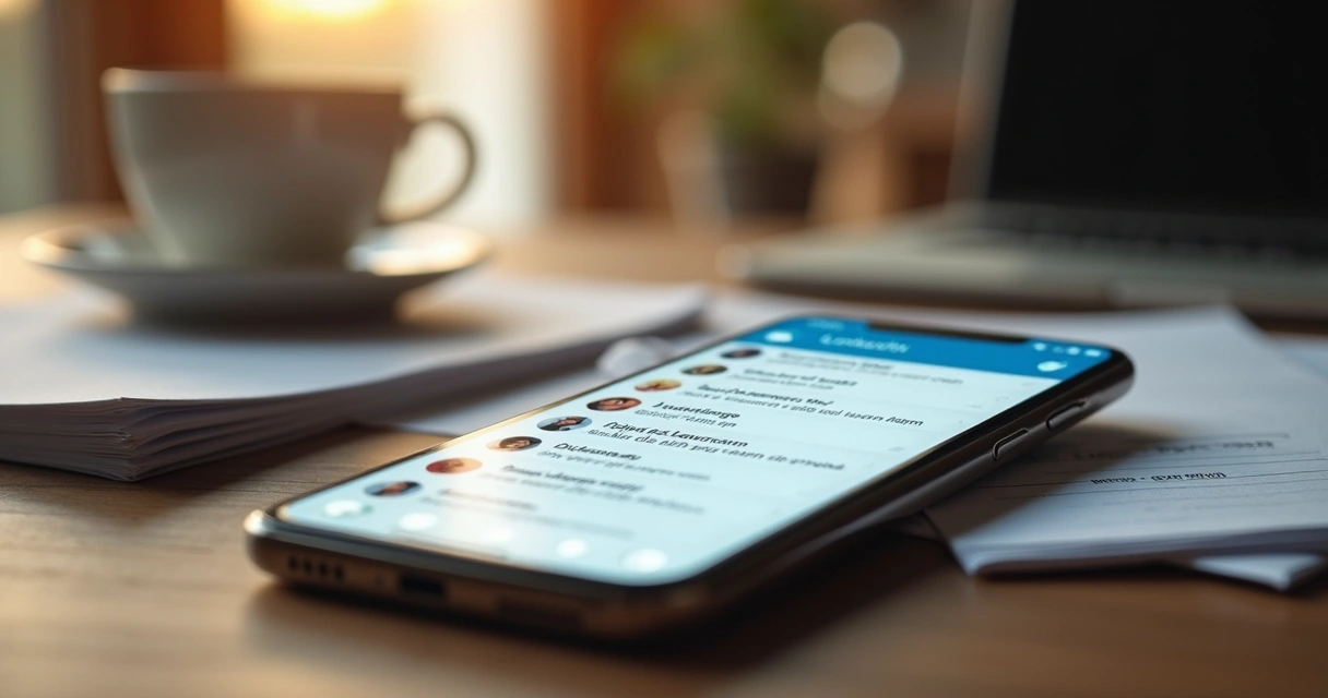 Celular mostrando interface de mensagens do LinkedIn com conversa ativa. 