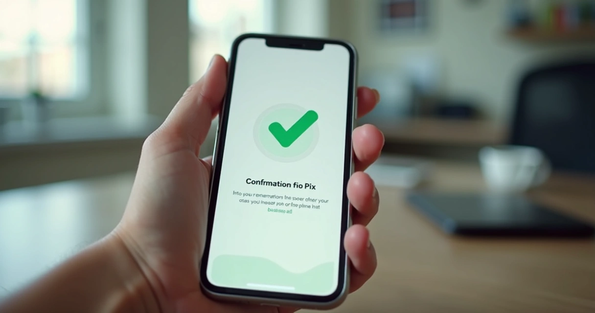 Mão segurando celular mostrando transação Pix em andamento