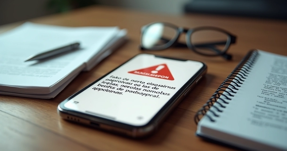 Celular com mensagem falsa de benefício e alerta de fraude 