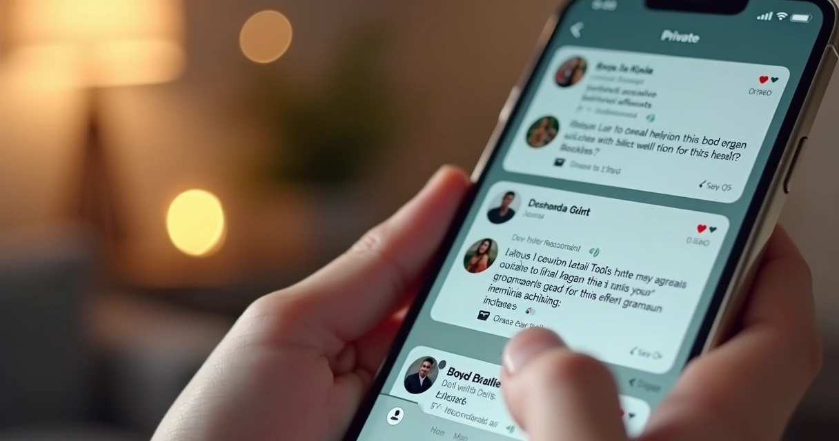 Pessoa digitando no celular com janelas de mensagens privadas abertas, contexto de reservas de hotel 
