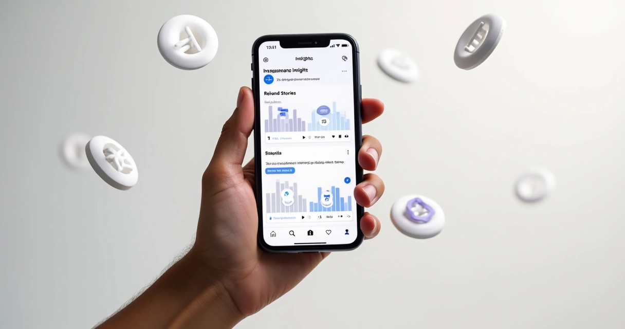 Celular mostrando métricas de Reels e Stories do Instagram 