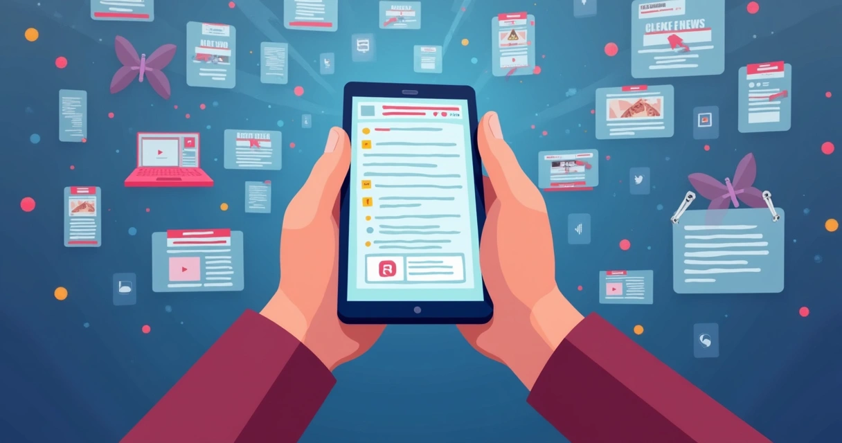 Pessoa segurando celular, várias telas de fake news ao redor 