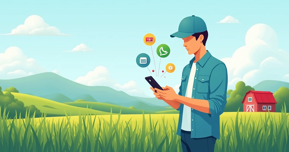 Pessoa no campo usando smartphone para acessar informações 