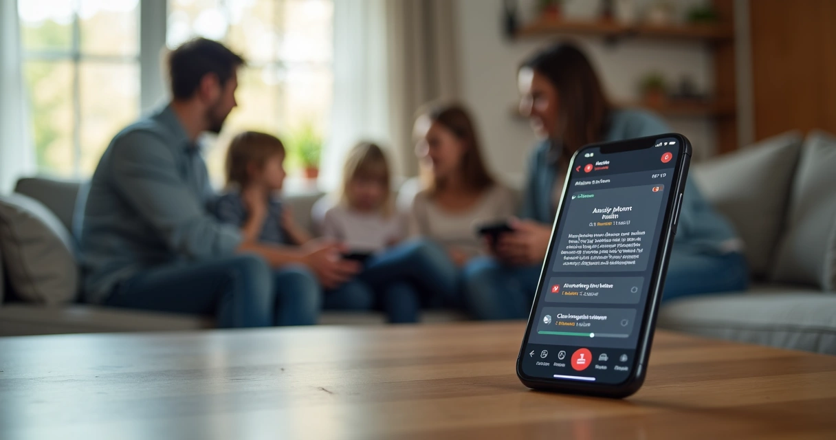 Celular com notícia alarmante e pessoas tensas ao fundo