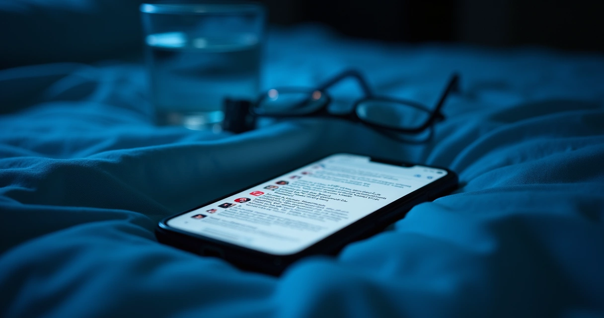 Celular com manchetes em quarto escuro