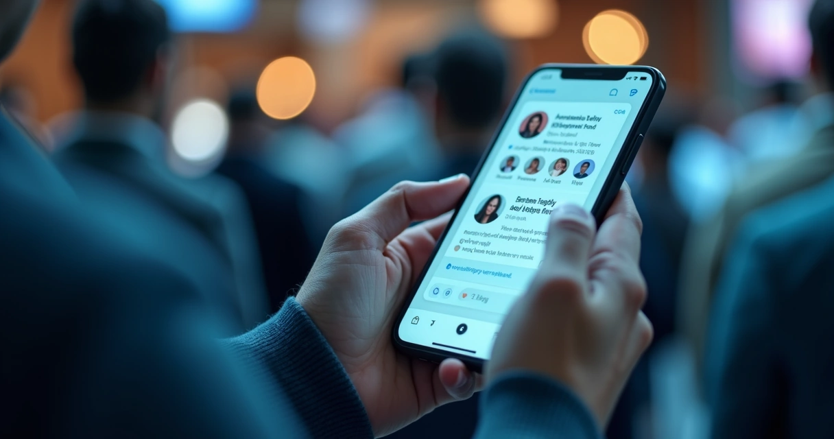 Mãos segurando celular com ícones sociais e grupo ao fundo