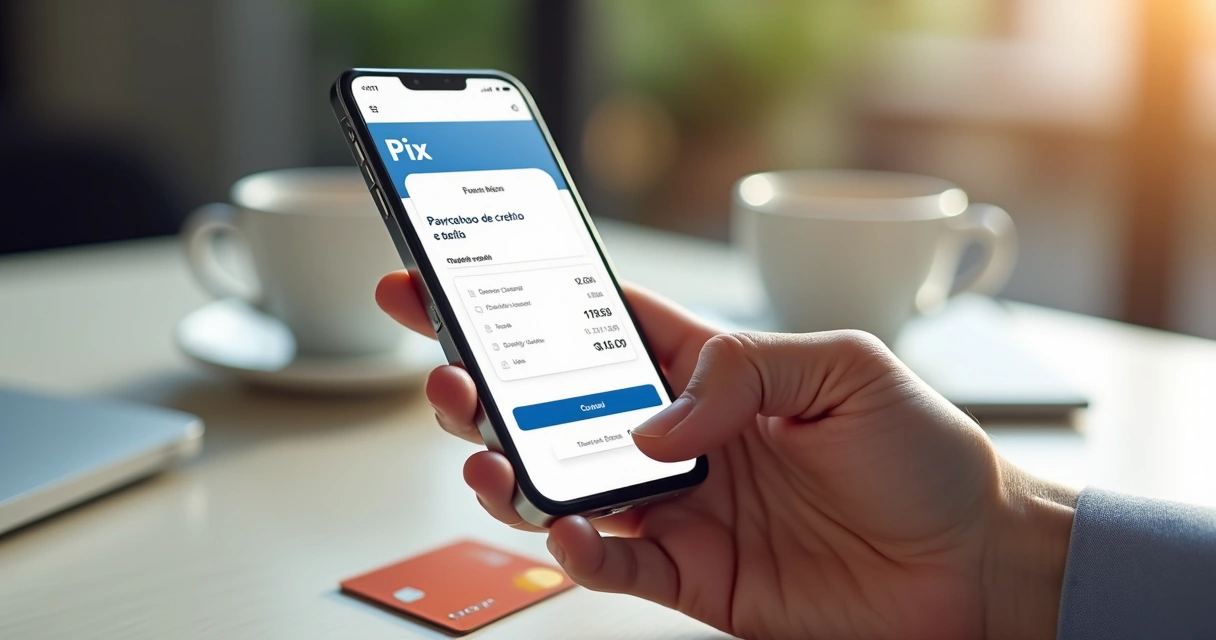 Pessoa usando o celular para pagar uma conta utilizando Pix 