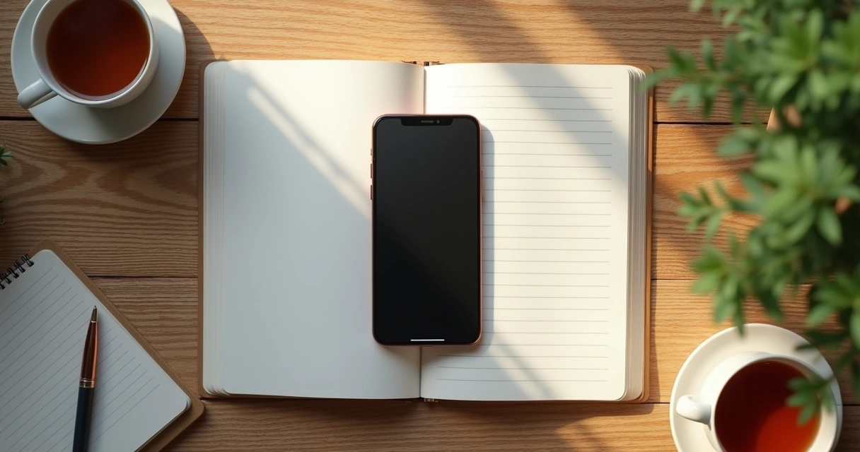 Celular sobre mesa com caderno e xícara em momento de pausa