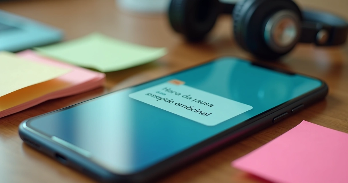 Celular com aviso de pausa para saúde emocional 