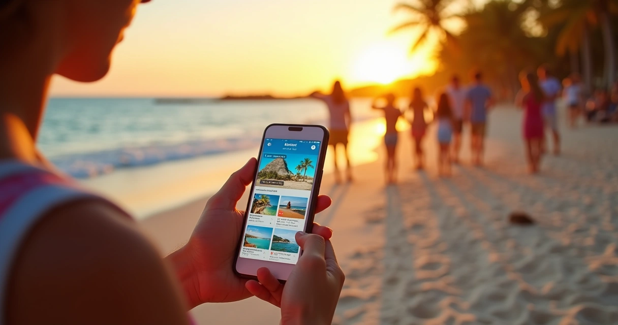 Pessoa segurando celular na praia pesquisando sobre destino turístico 